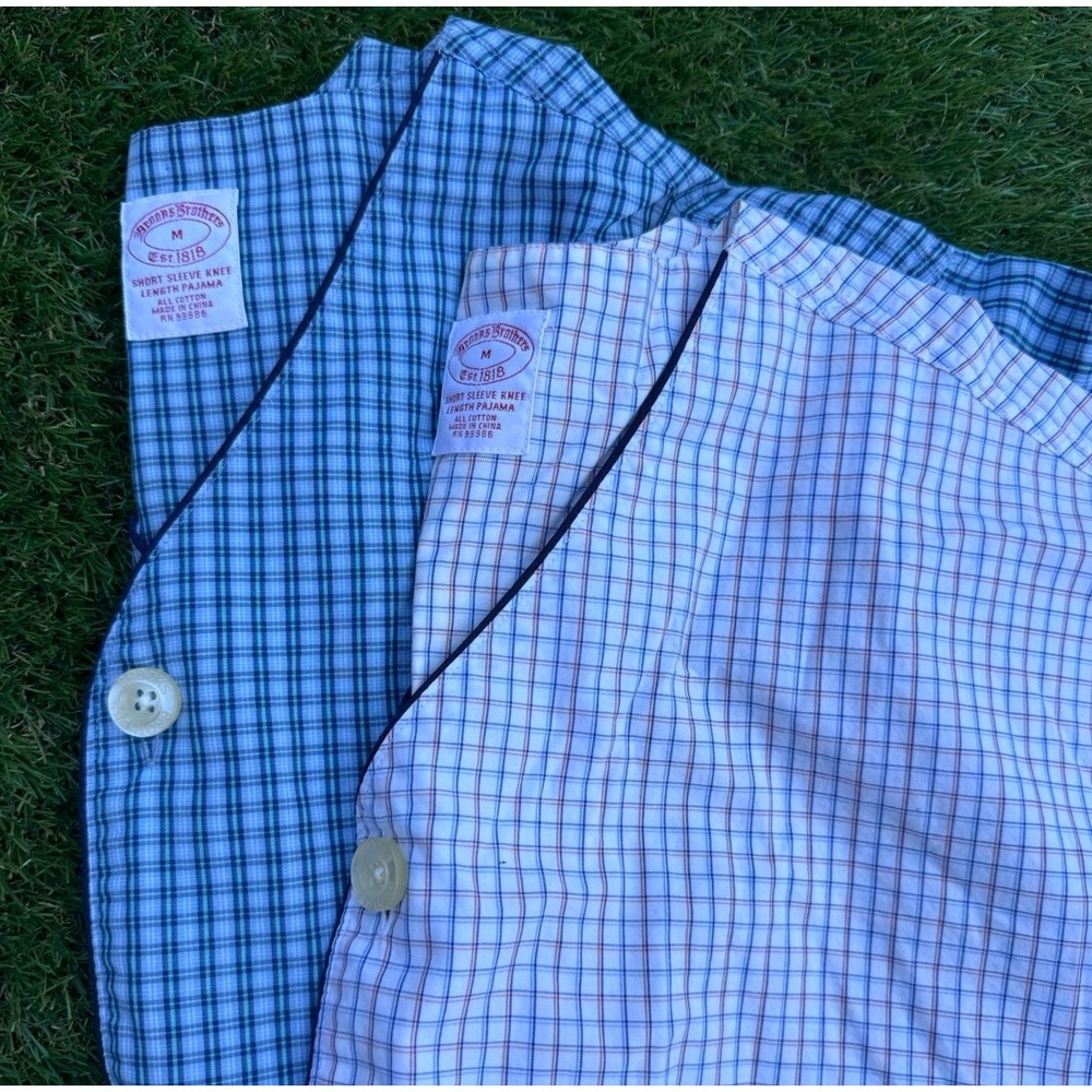 Brooks Brothers Men's Pajama Stripe Button Up Shirt M Blue S/S Lot 2 TOP ONLY